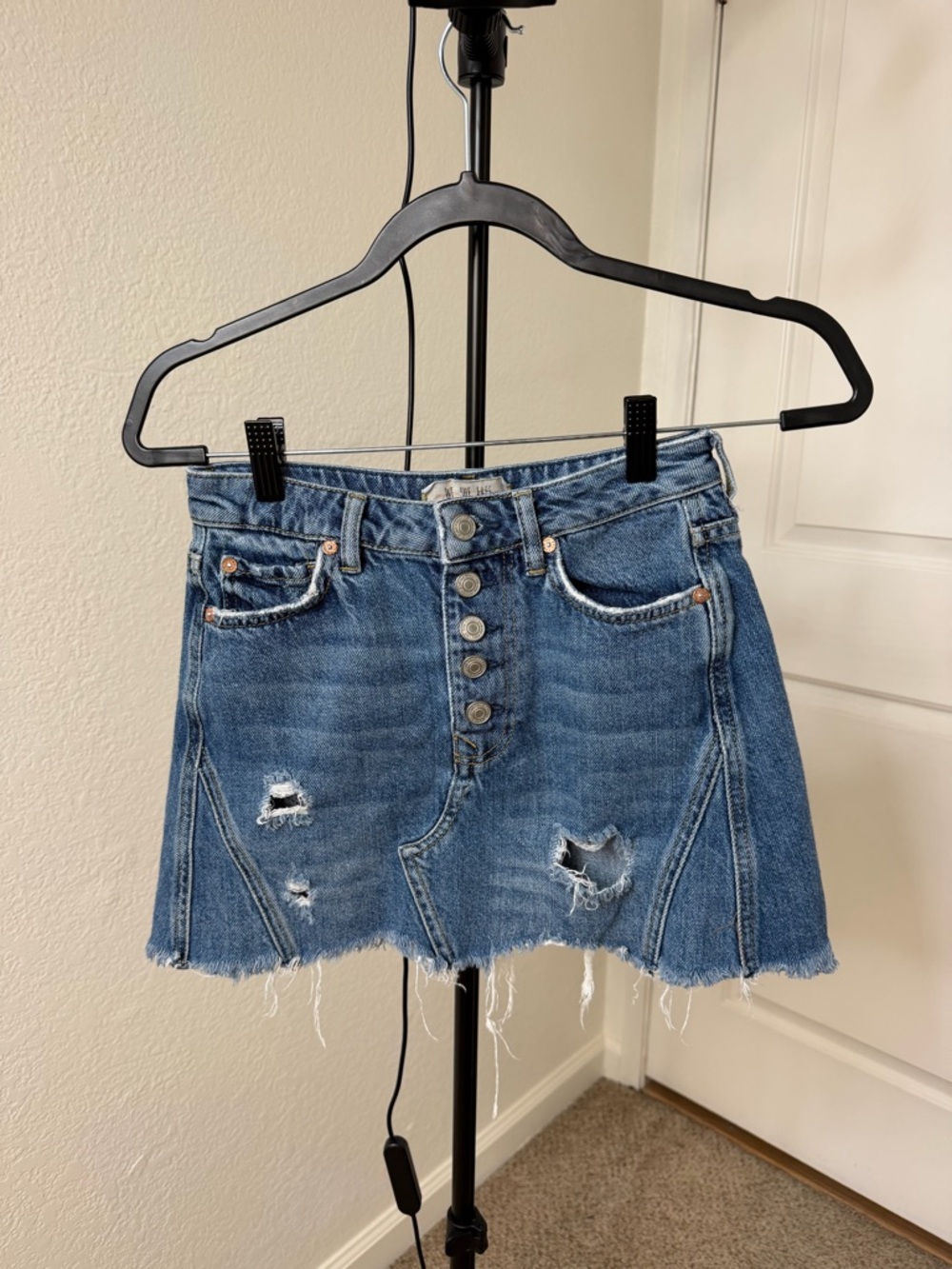 We The Free Distressed Blue Denim Mini Skirt